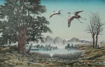 Kies Helmut, Vögel in Landschaft, 1983, Farblithografie Aufl. 120, 36x56cm