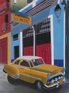 Galerie Unterlechner, Leistbare Kunst 99 bis 999, Alonso (Cuba), Gelber Oldtimer, 2002, Acryl-LW, 60x45cm